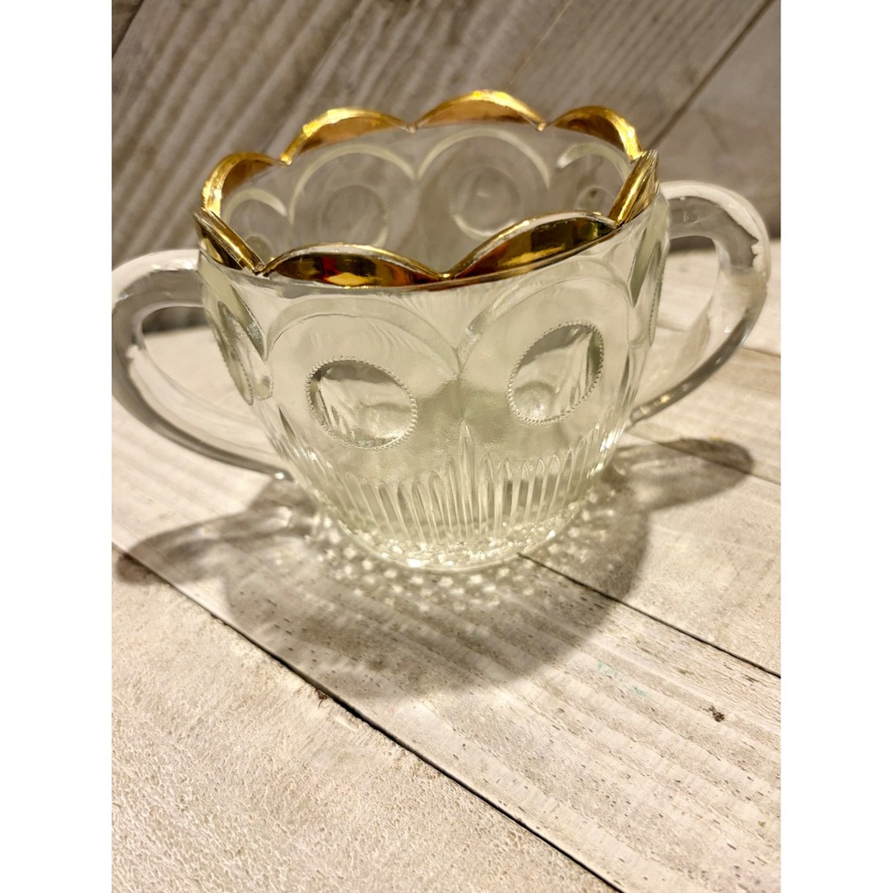 Vintage Pressed Glass Sugar Bowl Gold Rim Thumbprint Diamond Point Pattern